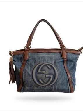 Gucci Denim Soho Two-Way Shoulder Tote Bag with Brown Leather Trim - EUC!